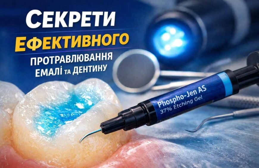 Лікар стоматолог наносить синій травильний гель 37% ортофосфорної кислоти на емаль для селективного протравлювання c