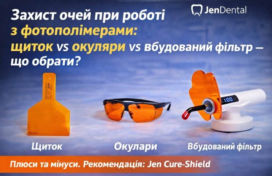 Помаранчевий щиток jen cure shield на нейтральному фоні ілюстрація до статті про вибір захисту очей при роботі з фотополімерами